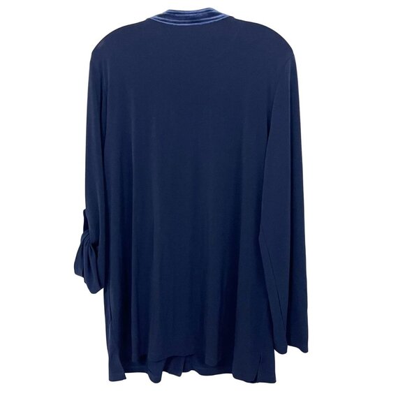 Susan Graver Navy Blue Liquid Knit Velvet Trim Top - Size Large - Picture 2 of 7